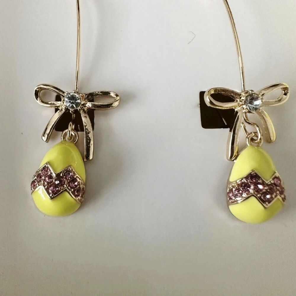 New BETSEY JOHNSON Easter Eggs Gold Bows Dangle Rhinestones Earrings - Picture 3 of 3